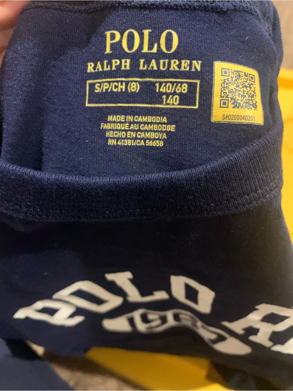 Ralph Lauren Navy Tee with Yellow Sleeve Stripes
